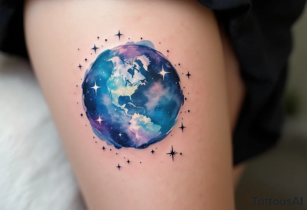 A galaxy-inspired planet Earth with continents in swirling blues and violets floats in space with tiny white starbursts. tattoo idea