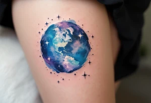 A galaxy-inspired planet Earth with continents in swirling blues and violets floats in space with tiny white starbursts. tattoo idea