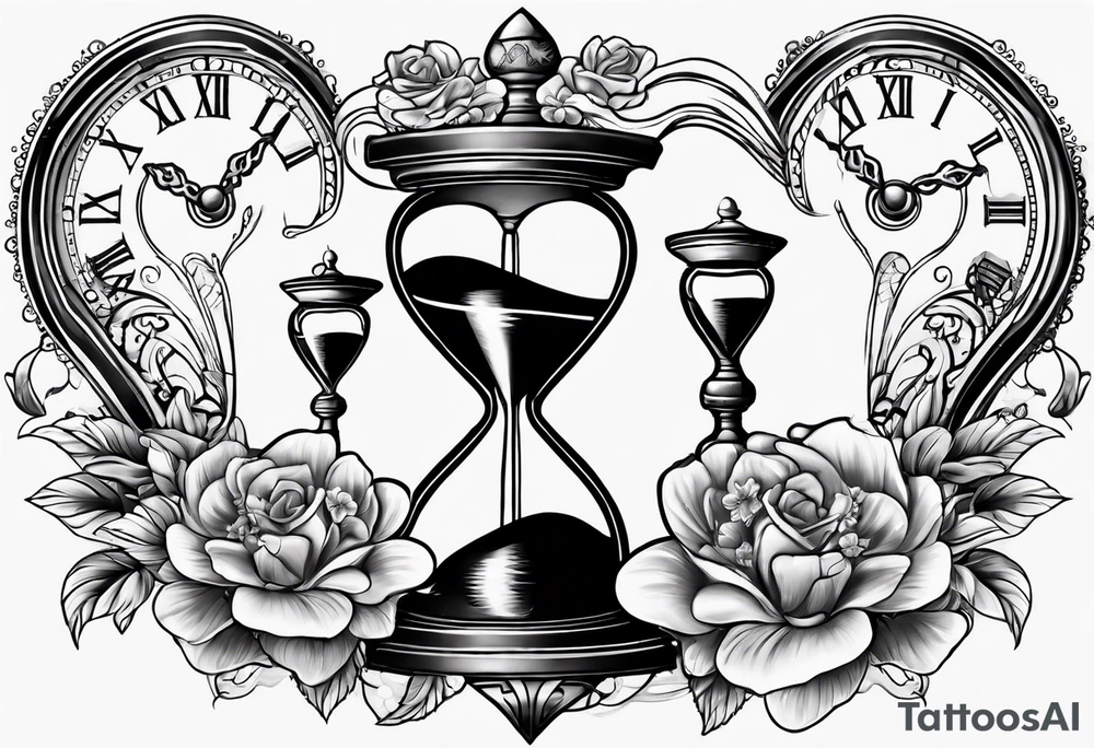 Hour glass and flowers and a heart clock tattoo idea