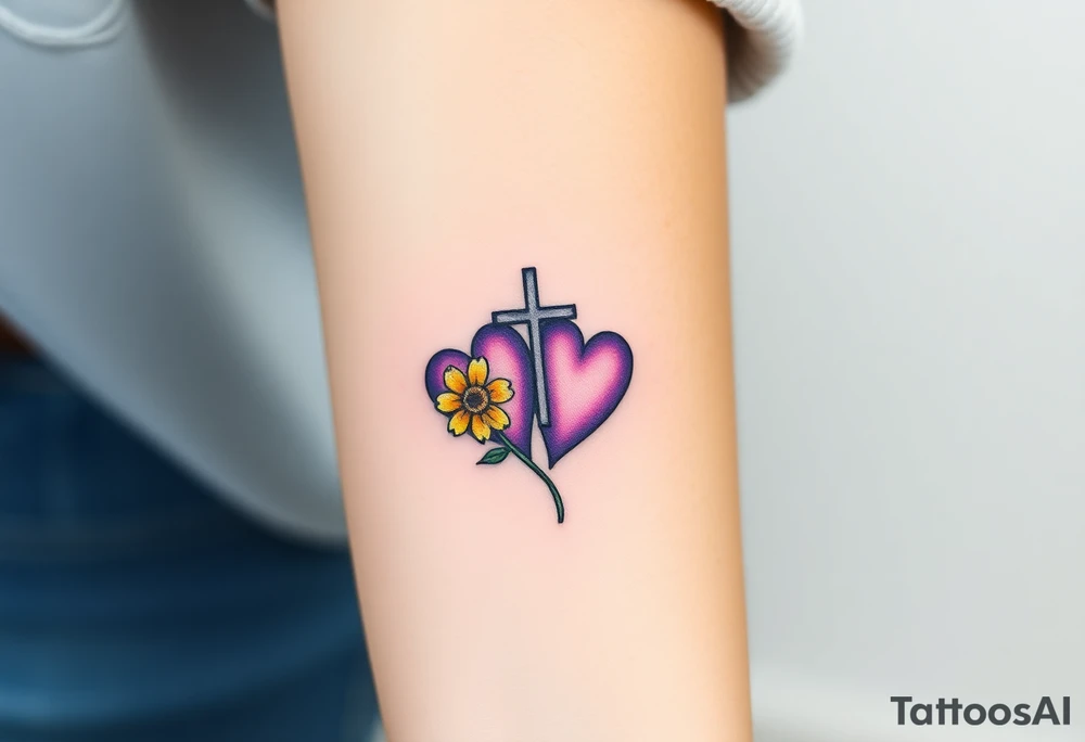 simple with Purple Hearts with yellow daisy with cross tattoo idea