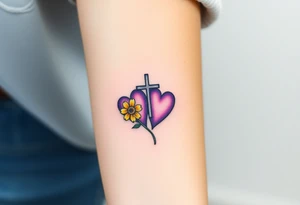 simple with Purple Hearts with yellow daisy with cross tattoo idea