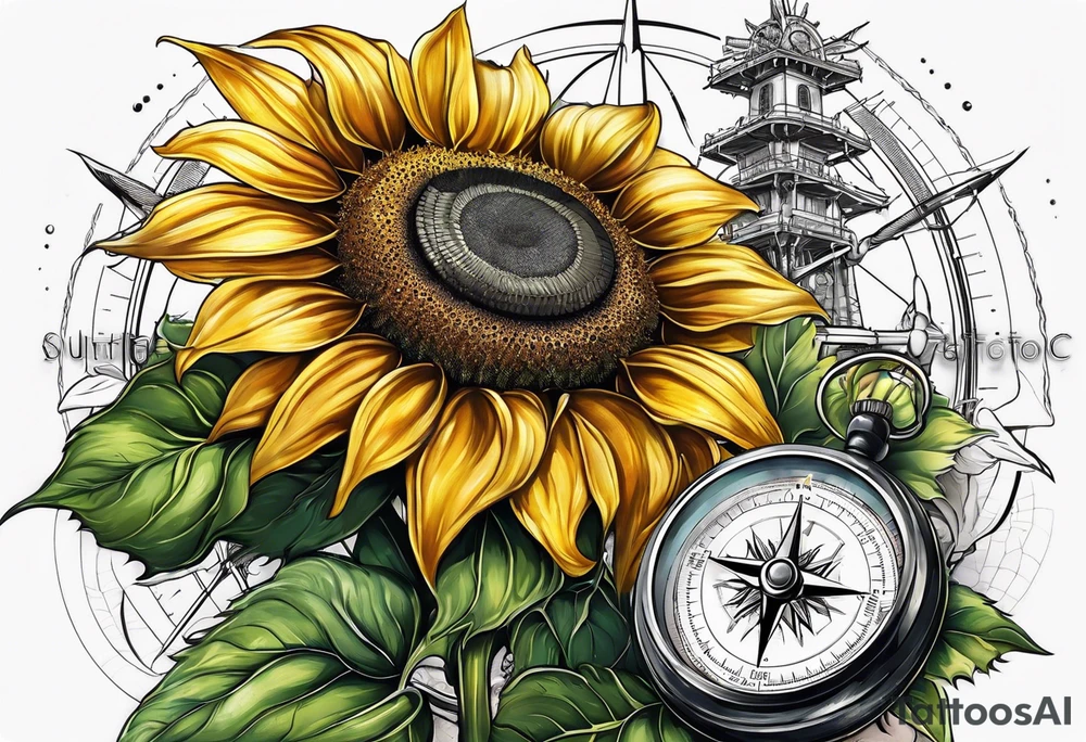 Sunflower next to a compass tattoo idea