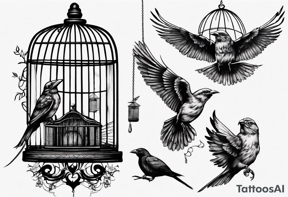 highly detailed bird ecscaping from bird cage, Lynyrd Skynyrd inspired tattoo idea