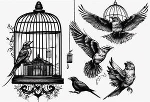 highly detailed bird ecscaping from bird cage, Lynyrd Skynyrd inspired tattoo idea