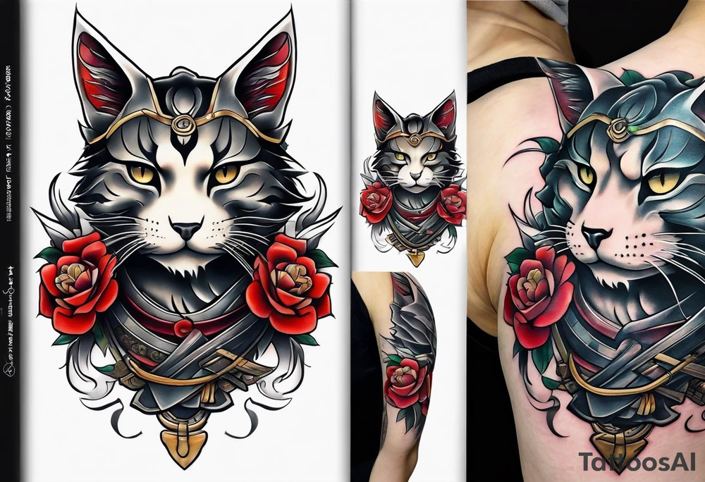 Calf tattoo of a samurai cat tattoo idea