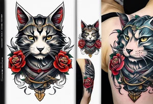 Calf tattoo of a samurai cat tattoo idea