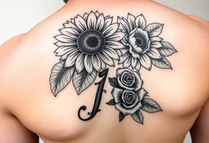i need more sunflowers and for it to be on the name, but the name is above the flower, and i need roses on the “j” tattoo idea