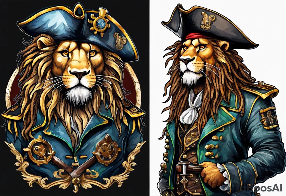 Pirate lion wearing jacket, sword and pistol, nautical steampunk theme. dreadlocks. tattoo idea