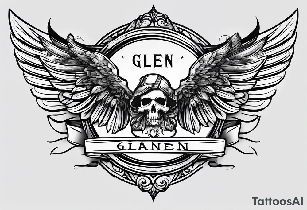 Simple tattoo with the word Glenn on a banner and angel wings tattoo idea