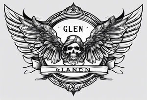 Simple tattoo with the word Glenn on a banner and angel wings tattoo idea