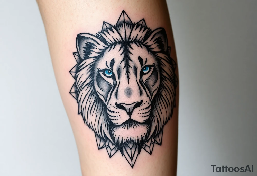 Lions face in a more realism style. Placement is on the back of the leg. Blend elements of curiosity and exploration through nature elements (forest, water, etc). Also add in geometric patterns around the lion. Make the eyes blue. Hide the date 03.12.2025 in Roman numerals somewhere in the geometric patterns. Think real hard and creatively tattoo idea