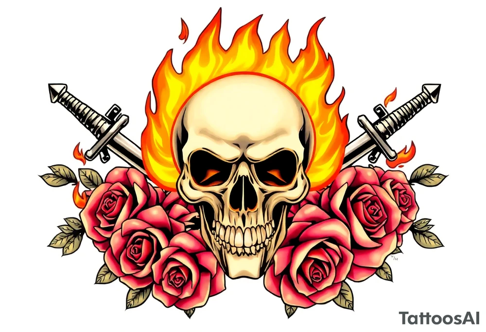 Skull engulfed in flames, crossed swords behind, blooming roses. tattoo idea