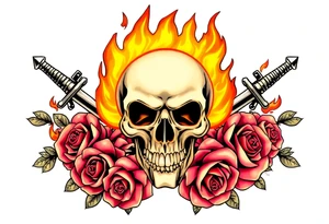 Skull engulfed in flames, crossed swords behind, blooming roses. tattoo idea
