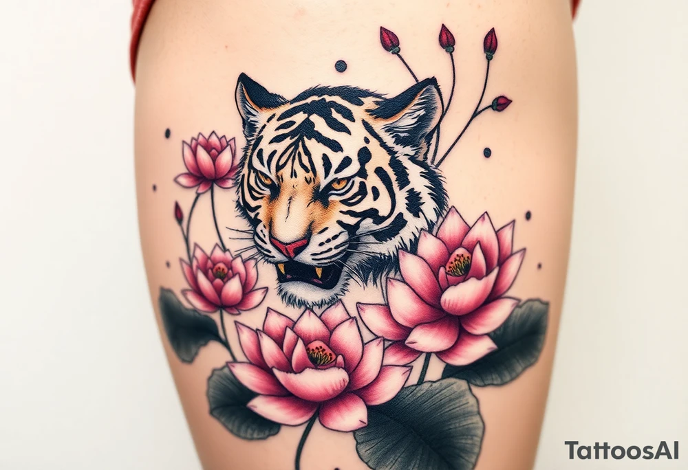 fierce tiger emerging through blooming lotus flowers in mist tattoo idea