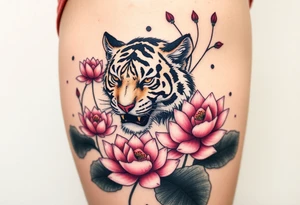 fierce tiger emerging through blooming lotus flowers in mist tattoo idea