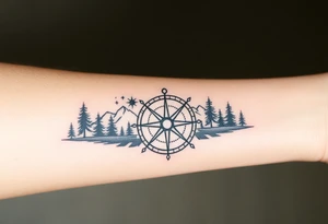 Nature including a compass as the centerpiece with mountains and trees in the background tattoo idea