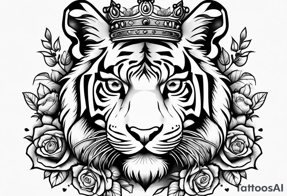 Tiger with 3 eyes and crown roses tattoo idea