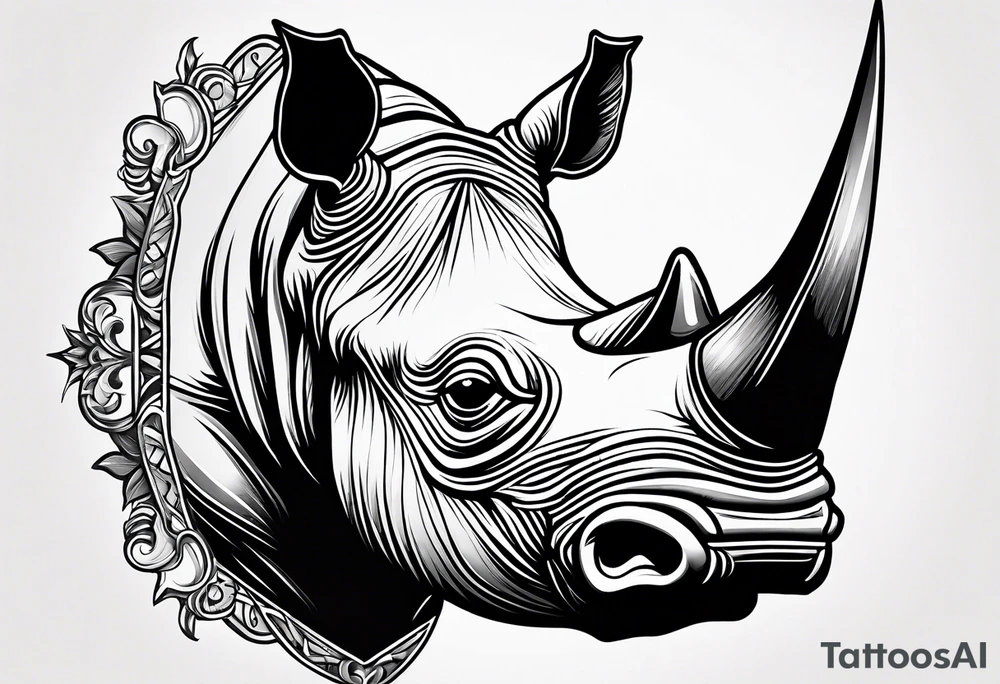 A rhino head with a dark attitude, and a sharp elongated tusk. tattoo idea