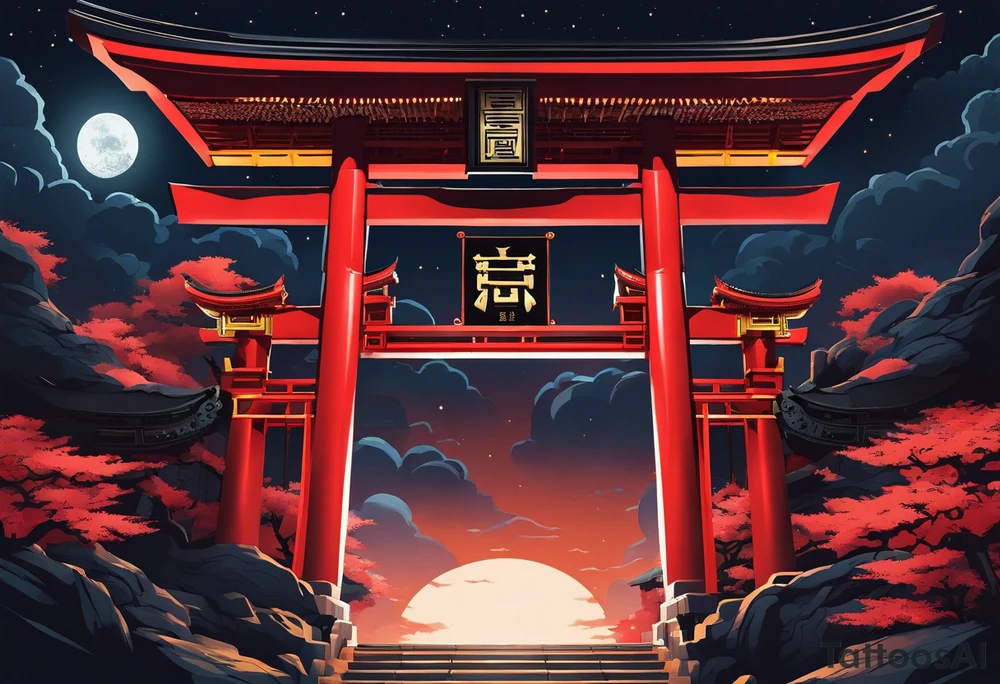 glimpse of torii gate in biomechanical style. 15% of size, placed in bottom 

Above the gate is a bust of Dominant demonic and formidable face with royal king features, has a slight evil grin and a devil fang teeth, similar to skull features, framed by deep-set glowing galaxy eyes, head has crown of prominent purple deep blue flames (Not standalone horns) with intricate recognizable swirling galaxy and peacock feather textures.

face has intricate swirling biomechanical tattoo texture. prominent colours are blue, violet, deep purple, with orange highlights.

face has braids hanging with feathers at end. tattoo idea