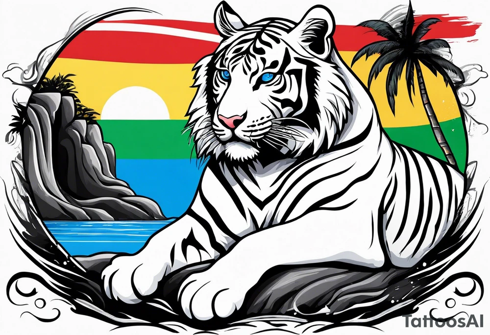 A white tiger and black tiger on opposite sides of a waterfall with an calligraphy ink container at the top and the Bahamian and Jamaican flag on opposite sides tattoo idea