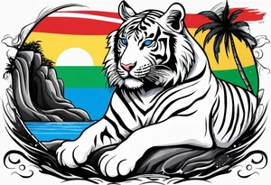 A white tiger and black tiger on opposite sides of a waterfall with an calligraphy ink container at the top and the Bahamian and Jamaican flag on opposite sides tattoo idea