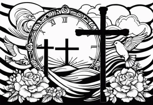 When the time is right I the lord will make it happen with clouds a cross and doves in the back ground tattoo idea