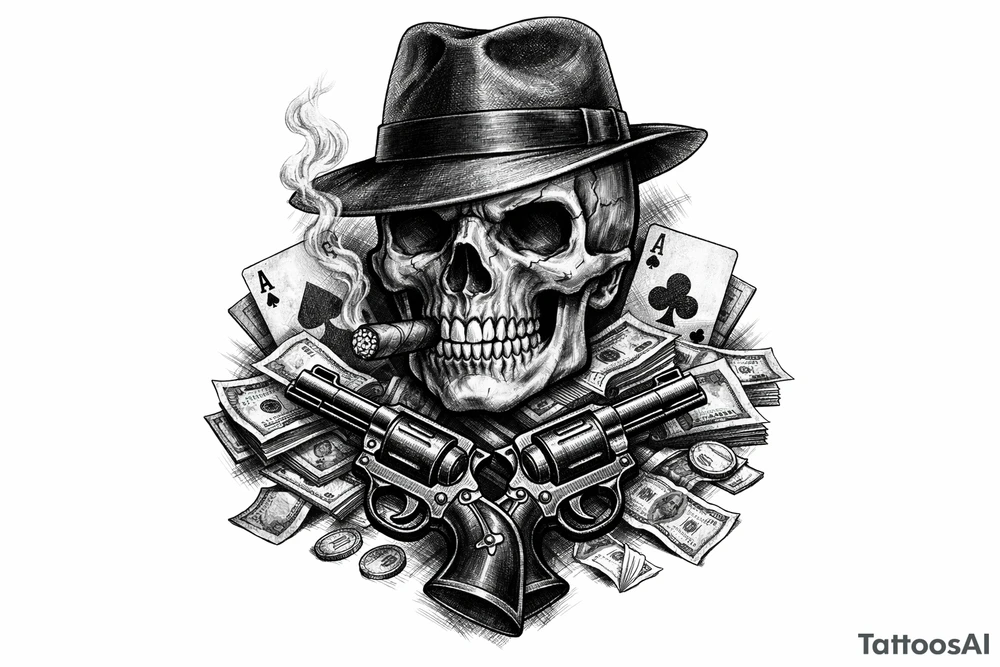 A black and grey skull with a fedora, cigar, and crossed revolvers, with scattered money and cards. tattoo idea
