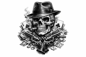 A black and grey skull with a fedora, cigar, and crossed revolvers, with scattered money and cards. tattoo idea