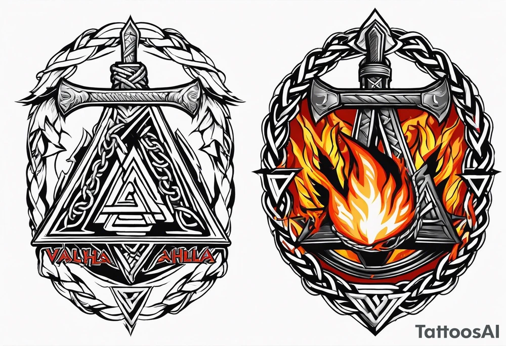 Valhalla sword shield axe barbed wire chains valknut fire tattoo idea Valhalla sword shield axe barbed wire chains valknut fire tattoo idea