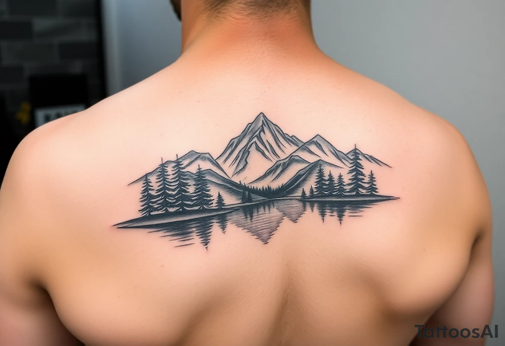 A vignette with a lake and mountains with trees tattoo idea