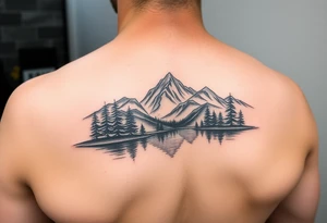 A vignette with a lake and mountains with trees tattoo idea