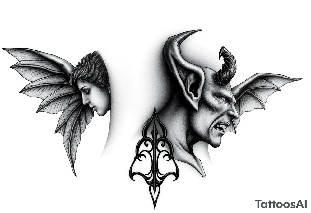 position behind the neck Angel (on the right) whispering in the right ear, demon (on the left) whispering in the left ear. It must be as realistic as possible. tattoo idea