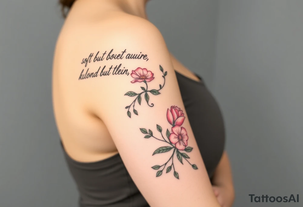 🌿 Right Arm Sleeve
	•	Top shoulder: “Soft but strong, kind but powerful.”
→ Wrapped with light olive vines
	•	Mid-arm: Peonies, lilies, tulips (your favorites)
→ Optional red ink in petal accents
	•	Lower arm/wrist: Vine wrap
→ Script: “Trust God”
	•	Style: Light, flowing, fine-line — NOT bold or filled-in

⸻

🌸 Spine Tattoo & Flow
	•	Already present floral spine tattoo
	•	New elements will connect from your sleeve, flow down from the right shoulder, lightly wrapping into your back
	•	Inspired by the reference with floral script diagonally across the spine
	•	Optional soft red ink details to enhance movement

⸻

🍑 Left Thigh + Butt
	•	Quote: “A garden of her own”
→ Placed on side of butt, flowing from lower back
	•	Floral extension down the thigh — tulips/peonies
	•	Minimal, romantic, fine-line

⸻

👣 Right Ankle
	•	Vine wrap with script: “walk in grace”
→ Placement wraps side ankle or above heel

⸻

✨ Left Arm Details
	•	Inner upper arm (2 stacked lines):
“She is clothed in strength and dignity.”
“…and laughs without fear of the future.”
	•	Lower outer arm: Number 7 (simple, small fine-line)
	•	Hand near thumb: “Godspeed” in thin cursive tattoo idea