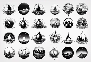 Big water Drops. In each Drops a small world or Universe is Comprised. Some with landscapes, some with Villages. Some with patters. Some with Sky. tattoo idea
