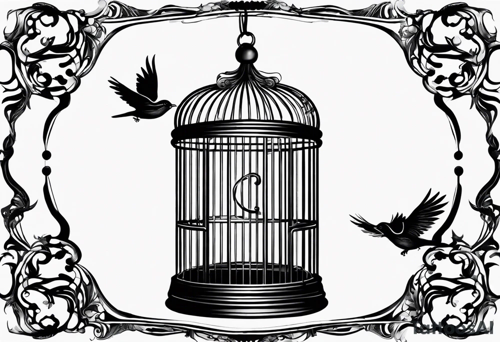 An open bird cage with a beautiful bird flying out of it. Front facing, it should be looking into the cage with the bird flying toward you out of the cage tattoo idea