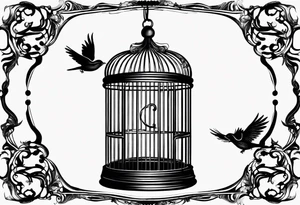 An open bird cage with a beautiful bird flying out of it. Front facing, it should be looking into the cage with the bird flying toward you out of the cage tattoo idea