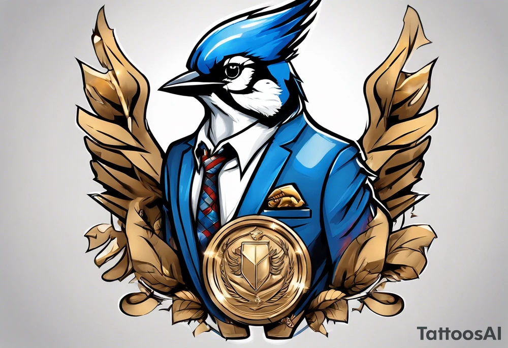 bluejay in a suit with a medal on around neck tattoo idea