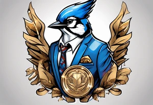bluejay in a suit with a medal on around neck tattoo idea