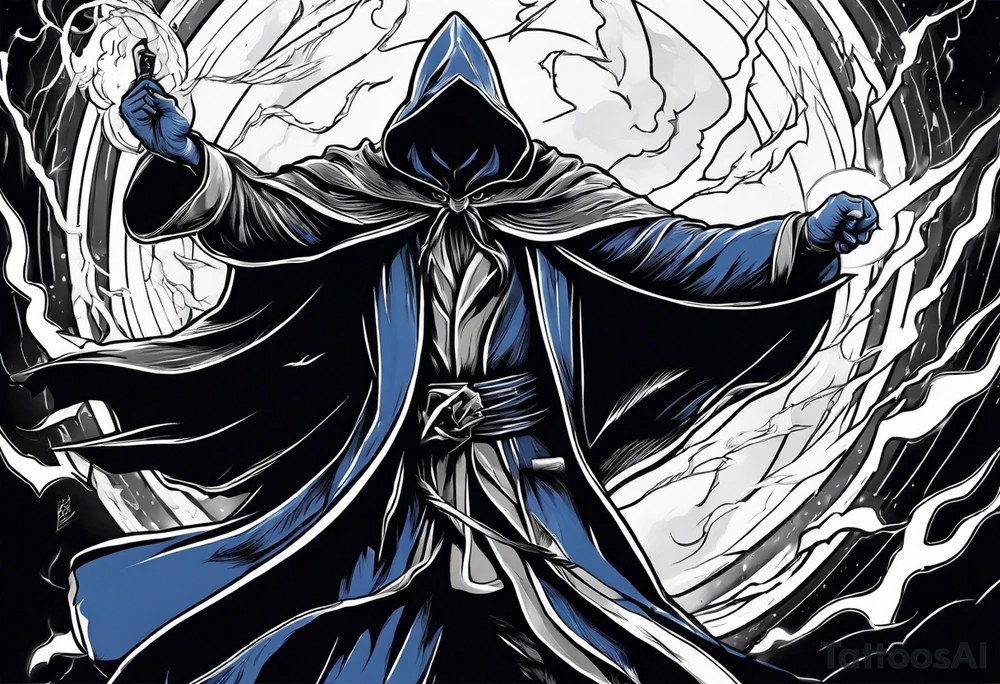 Yelling wizard directing a lightning strike with blue lightning and a black cloak tattoo idea
