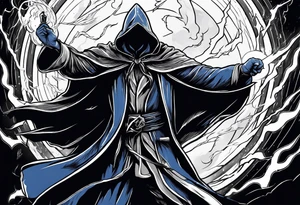 Yelling wizard directing a lightning strike with blue lightning and a black cloak tattoo idea