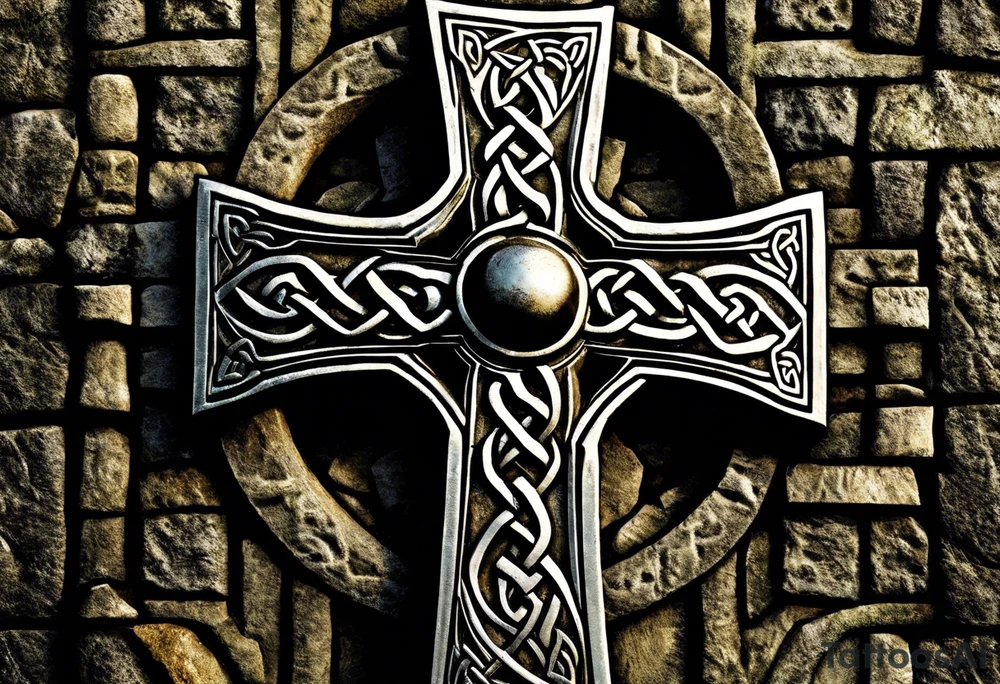 A stone Celtic cross, weathered and worn by the passage of time, standing resolutely at the base of a ruined stone wall. The cross is adorned with intricate Celtic knotwork, bearing witness to the craftsmanship of long-lost artisans. A raven, its ebony feathers shining in the dim light, perches on the arms of the cross, its head cocked to the side as it regards the desolate scene before it. The wall, once towering and majestic, now lies in ruin, its stones scattered haphazardly across the overgrown earth. Vines and creepers have woven themselves through the cracks and crevices, adding a touch of eerie greenery to the otherwise melancholic atmosphere. A gentle breeze rustles through the leaves, causing the raven to shift uneasily on its perch, as if it were the wind's way of whispering secrets long forgotten. The sky above is a somber shade of gray, heavy with the weight of impending rain, mirroring the solemn mood of the scene. tattoo idea