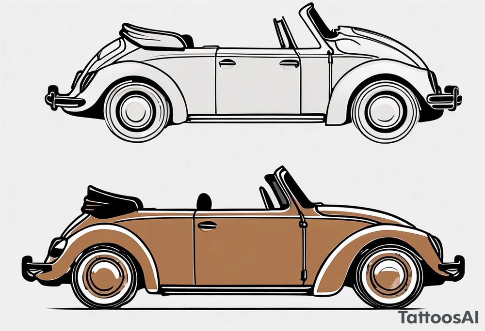 VW beetle convertible, side profile, top-down, modern, linework, minimal, no shadow, no solid shading, brown lines tattoo idea