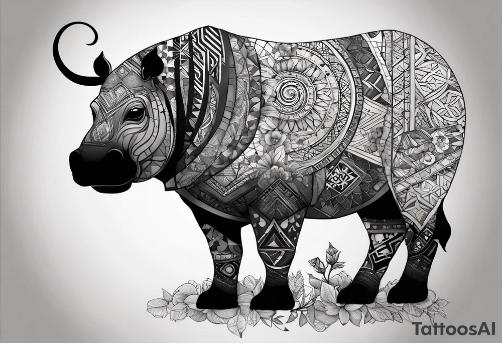 Very asymmetrical, +geometric pattern, with realistic full moon, with hippo,+tribal, +geometric, +inkart , +blackwork, +grey scale, + sketch
with wintersweet flower bud, +for men, detailed layering , modify from my favourites , dont look like a cow tattoo idea