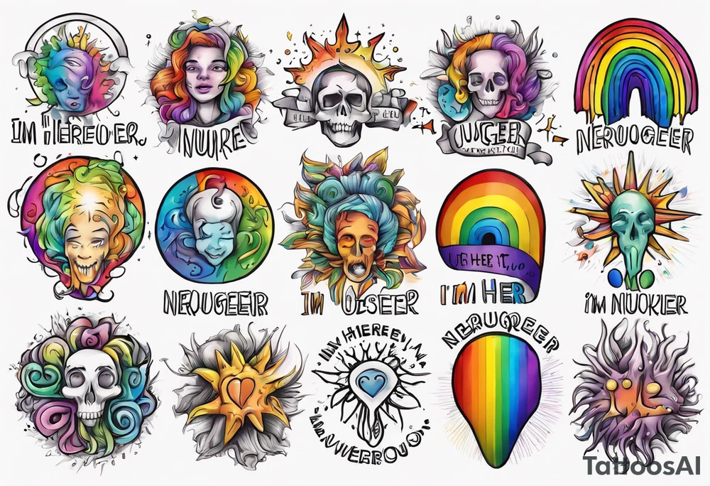 rainbow neurodiversity symbol with the words "I'm Here, I'm Neuroqueer" tattoo idea