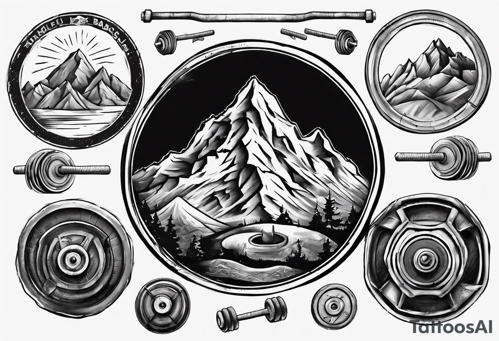road cycle front wheel drawn as a barbell plate with a mountain in the middle tattoo idea