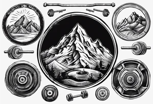 road cycle front wheel drawn as a barbell plate with a mountain in the middle tattoo idea