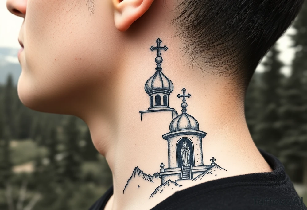 russian design traditional christian orthodox cross with a virgin mary stood beside the entrance of a russian orthodox dome church on the side of the neck in a wilderness setting tattoo idea