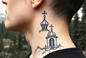 russian design traditional christian orthodox cross with a virgin mary stood beside the entrance of a russian orthodox dome church on the side of the neck in a wilderness setting tattoo idea