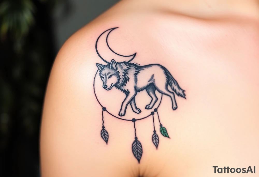A wolf walking under a crescent moon within a dreamcatcher, surrounded by trees. The wolf is in black with white highlights, and the dreamcatcher is detailed with silver moon symbols and green leaves tattoo idea