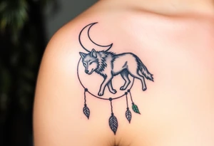 A wolf walking under a crescent moon within a dreamcatcher, surrounded by trees. The wolf is in black with white highlights, and the dreamcatcher is detailed with silver moon symbols and green leaves tattoo idea